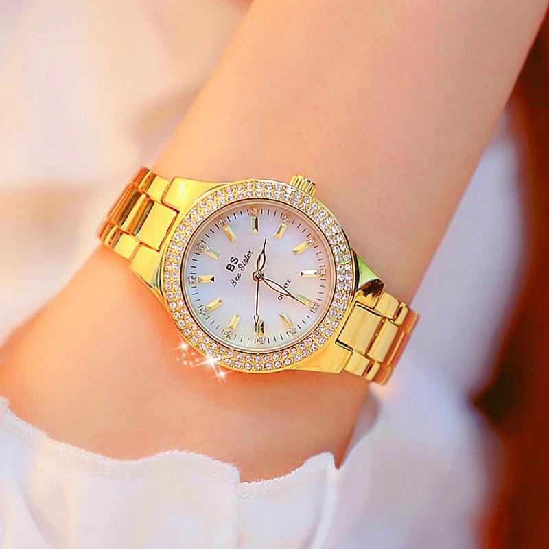 Women Round Diamond Watch with Alloy Strap - Gold 4