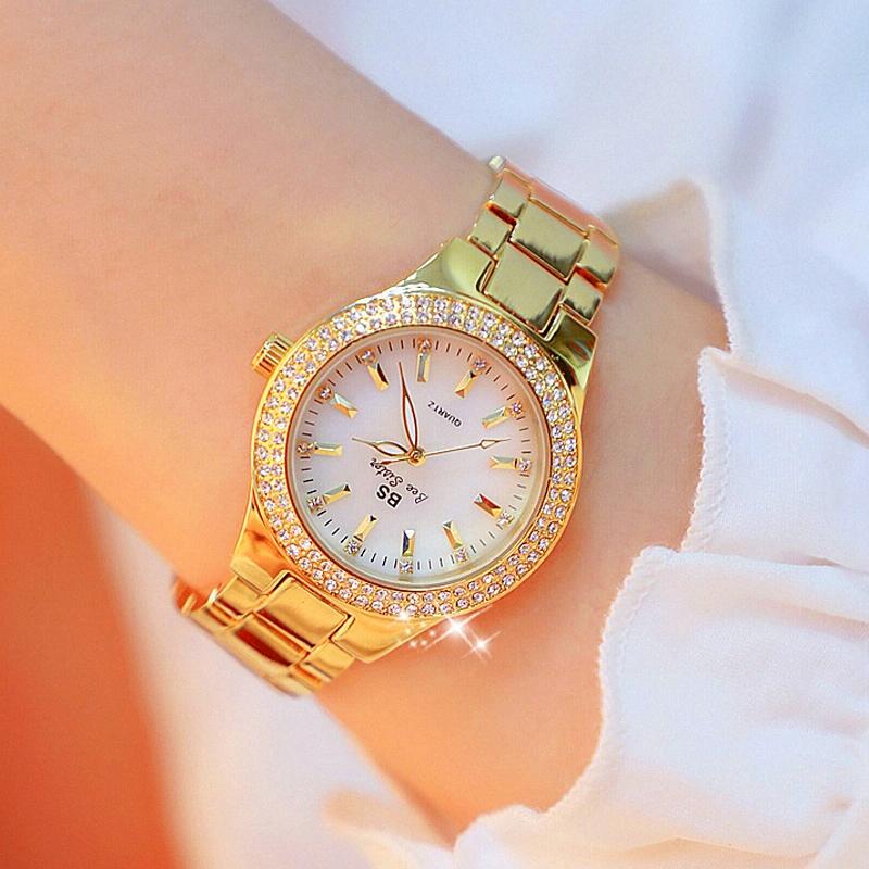 Women Round Diamond Watch with Alloy Strap - Gold 5