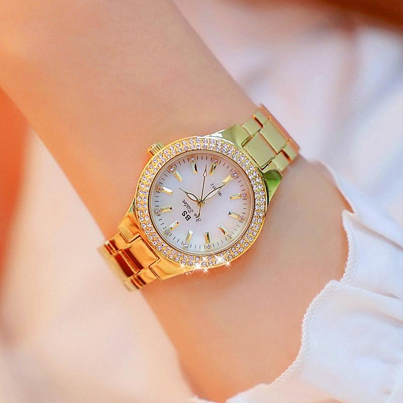 Women Round Diamond Watch with Alloy Strap - Gold 6
