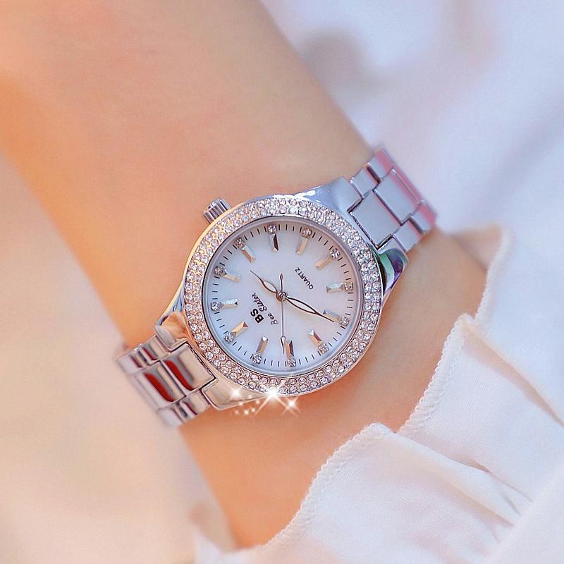 Women Round Diamond Watch with Alloy Strap - Gold 8