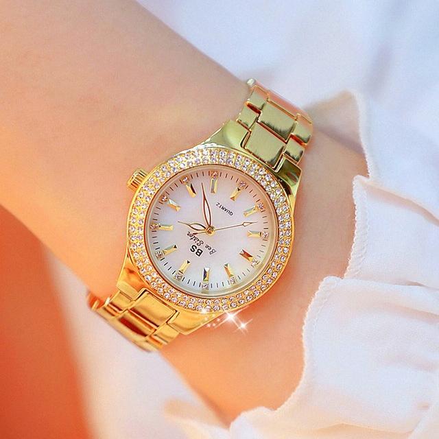 Women Round Diamond Watch with Alloy Strap - Gold 9