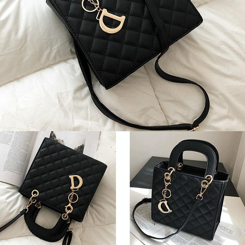 Leather Crossbody Bag with Rhombus Pattern for Women - Black 3