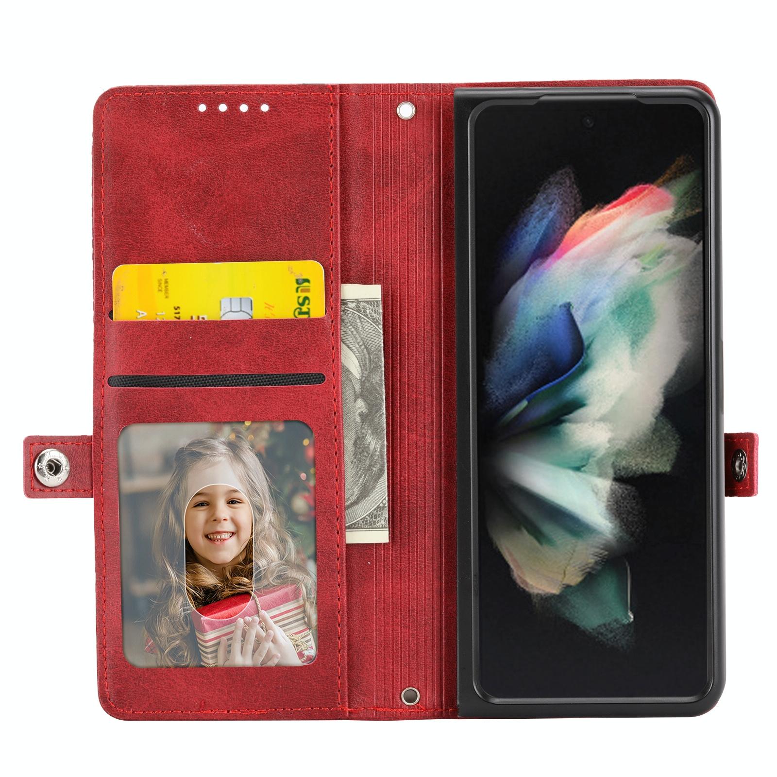 For Samsung Galaxy Z Fold4 5G Leather Grid Texture Phone Case With Lanyard - Red 10
