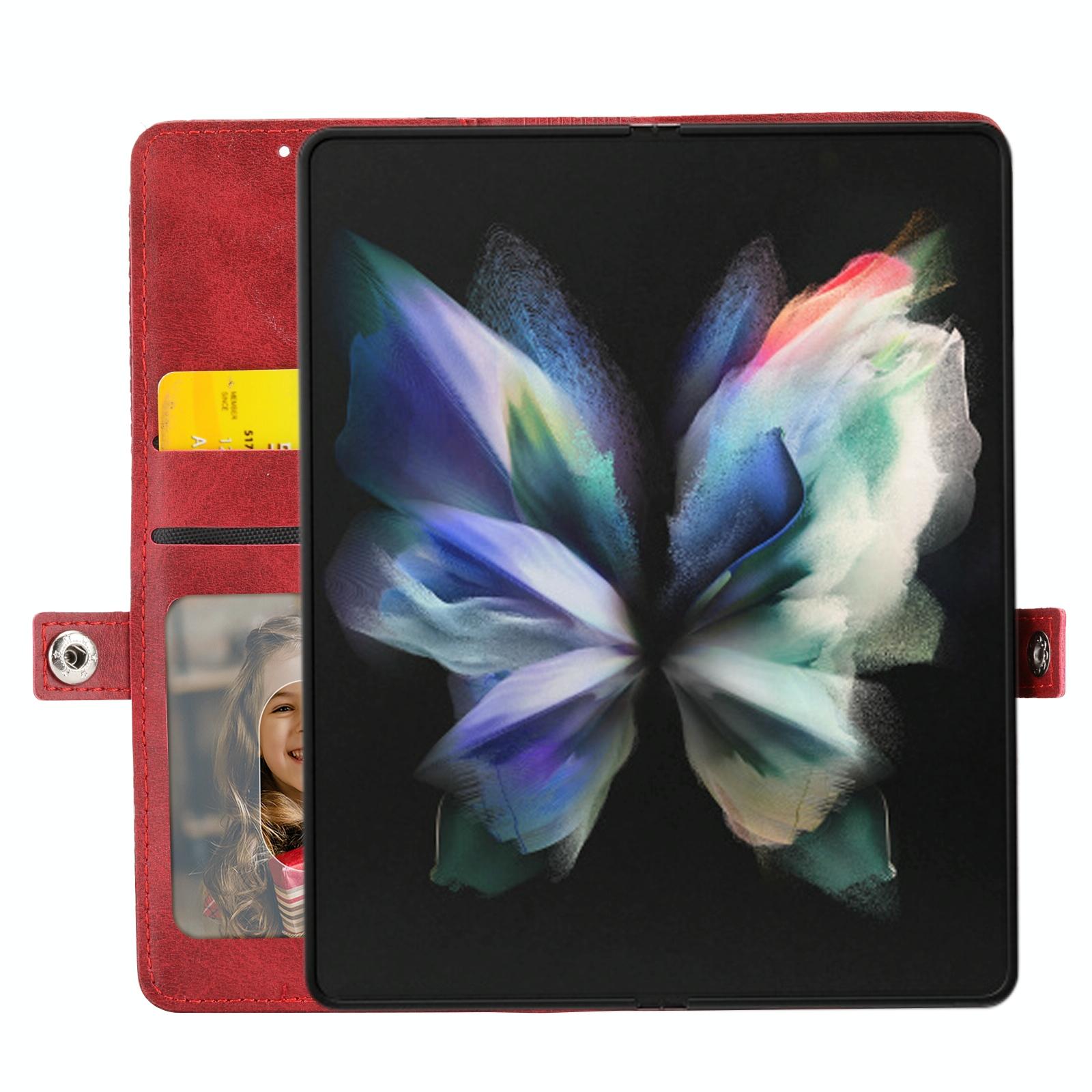 For Samsung Galaxy Z Fold4 5G Leather Grid Texture Phone Case With Lanyard - Red 11