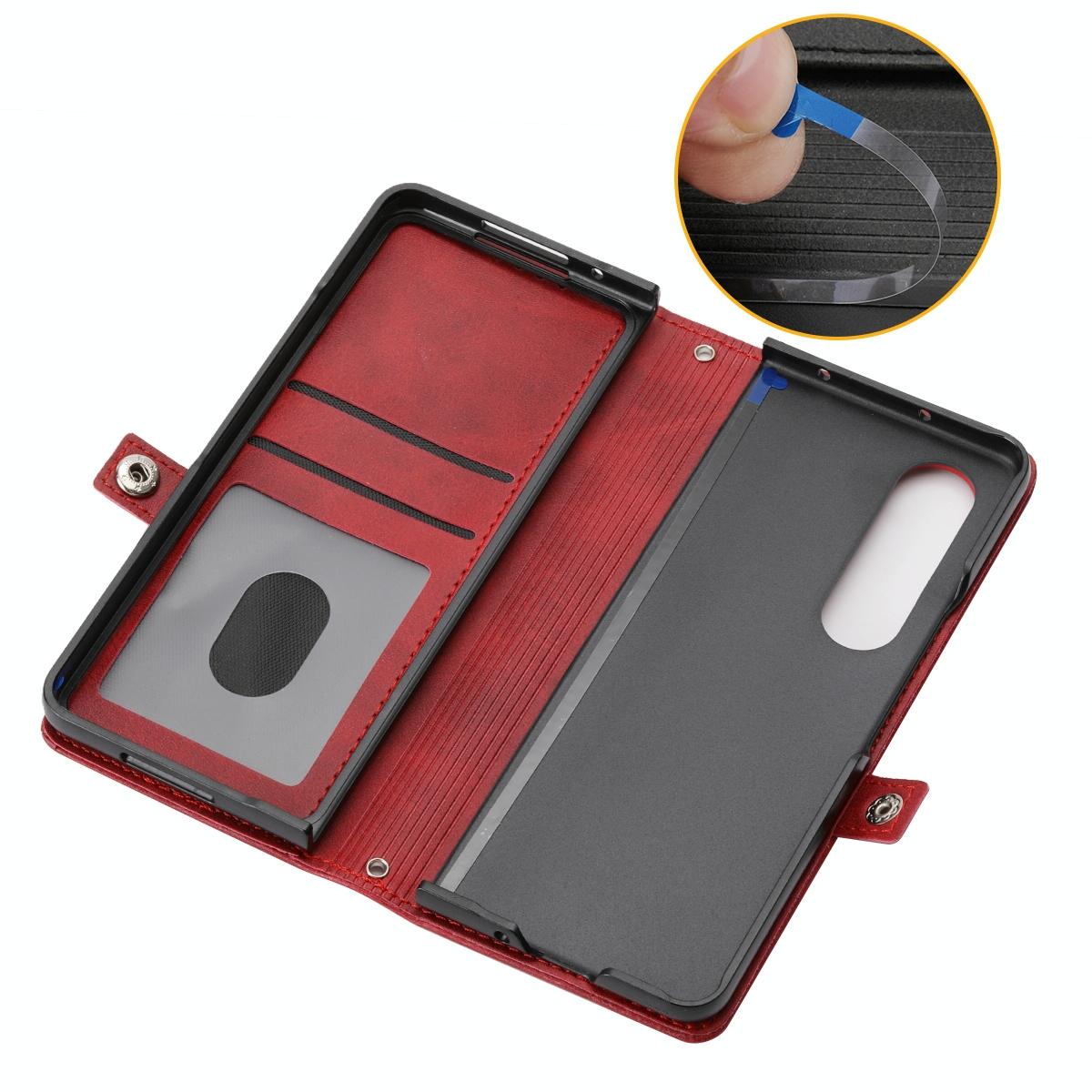 For Samsung Galaxy Z Fold4 5G Leather Grid Texture Phone Case With Lanyard - Red 12