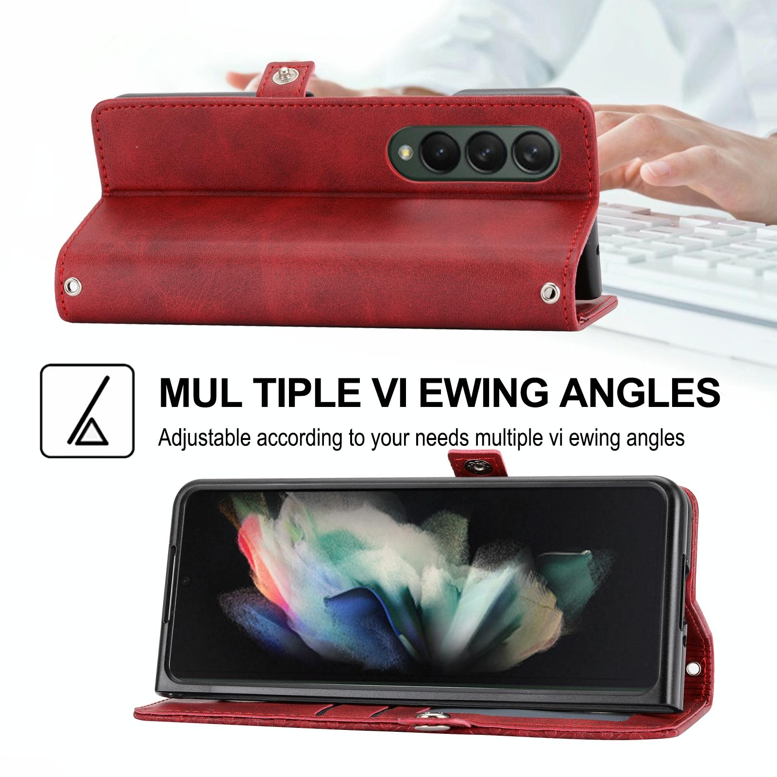 For Samsung Galaxy Z Fold4 5G Leather Grid Texture Phone Case With Lanyard - Red 13