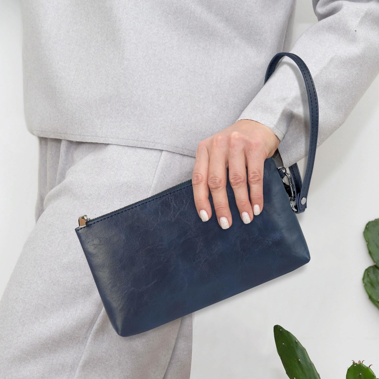 Retro Leather Clutch Bag with Zipper - 6 Inch - Dark Blue 12