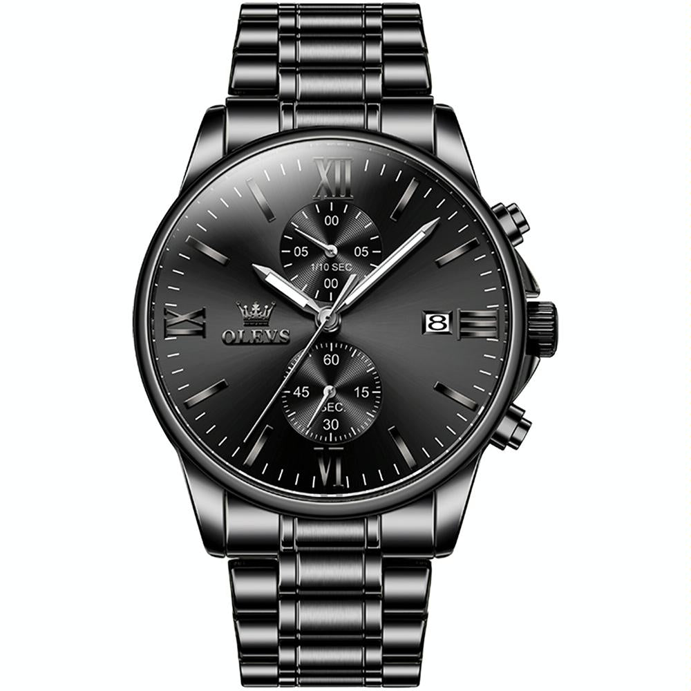 Waterproof Men Chronograph Quartz Watch with Luminous Dial - Black Silver Steel Strip