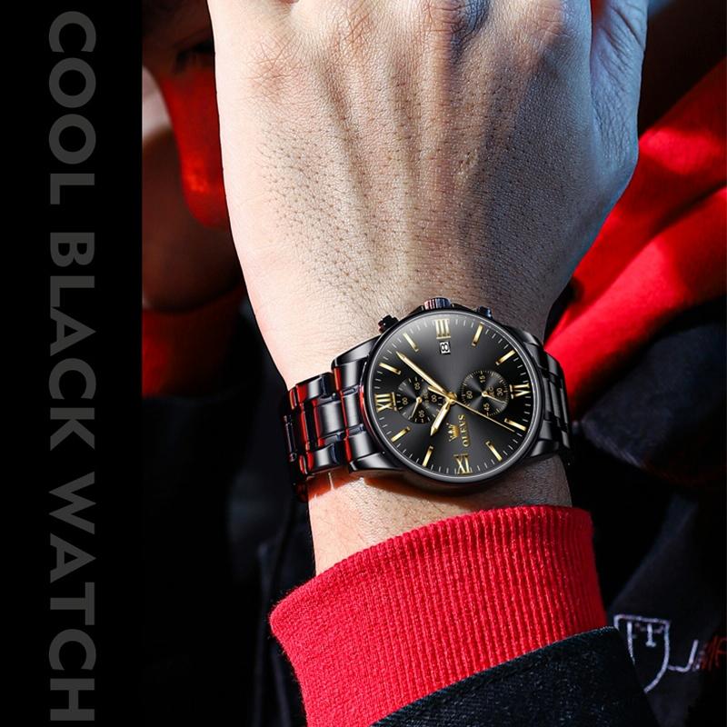 Waterproof Men Chronograph Quartz Watch with Luminous Dial - Black Silver Steel Strip 5