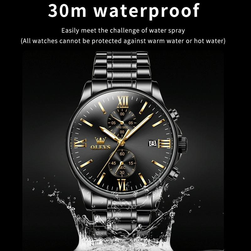 Waterproof Men Chronograph Quartz Watch with Luminous Dial - Black Silver Steel Strip 7