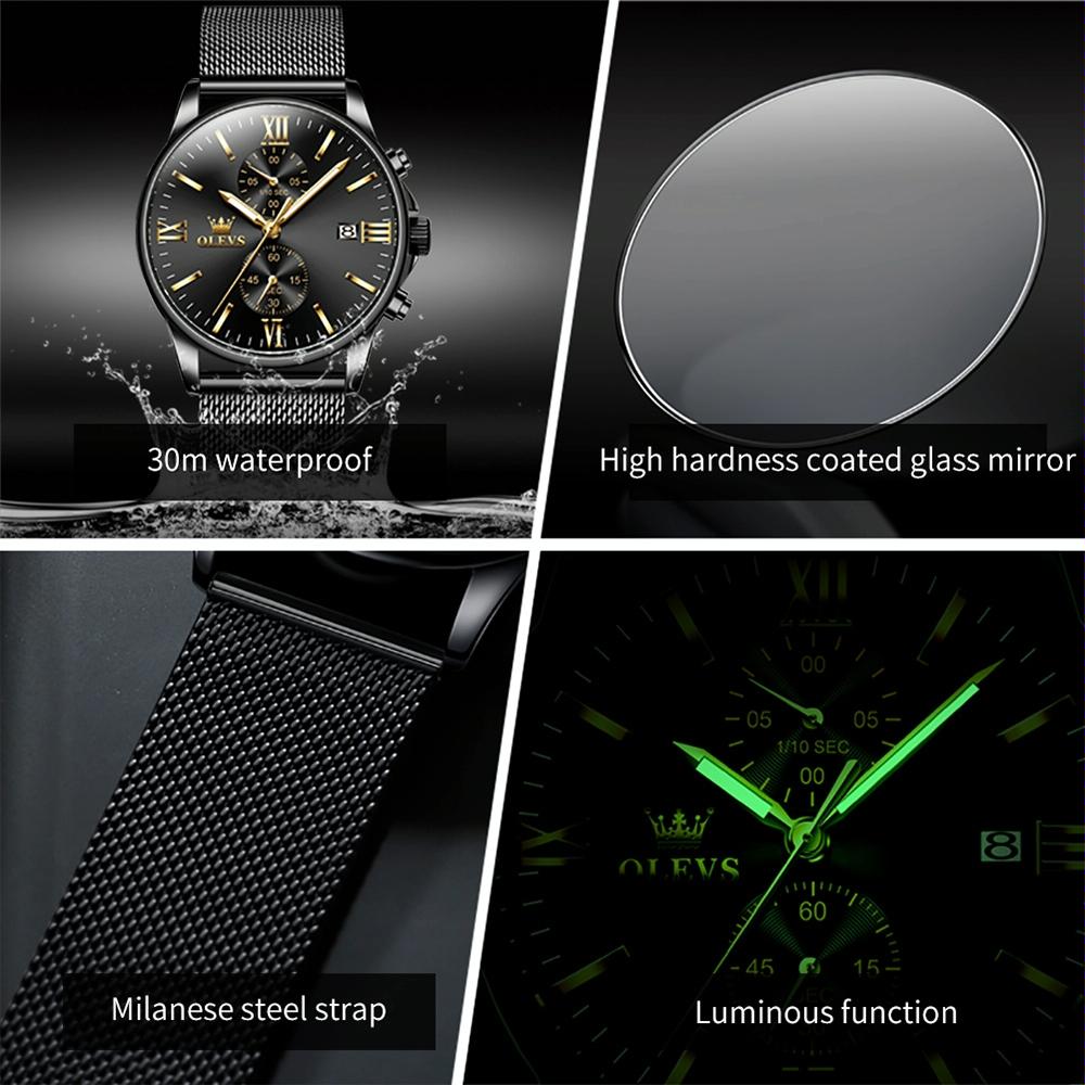 Waterproof Men Chronograph Quartz Watch with Luminous Dial - Black Silver Steel Strip 15