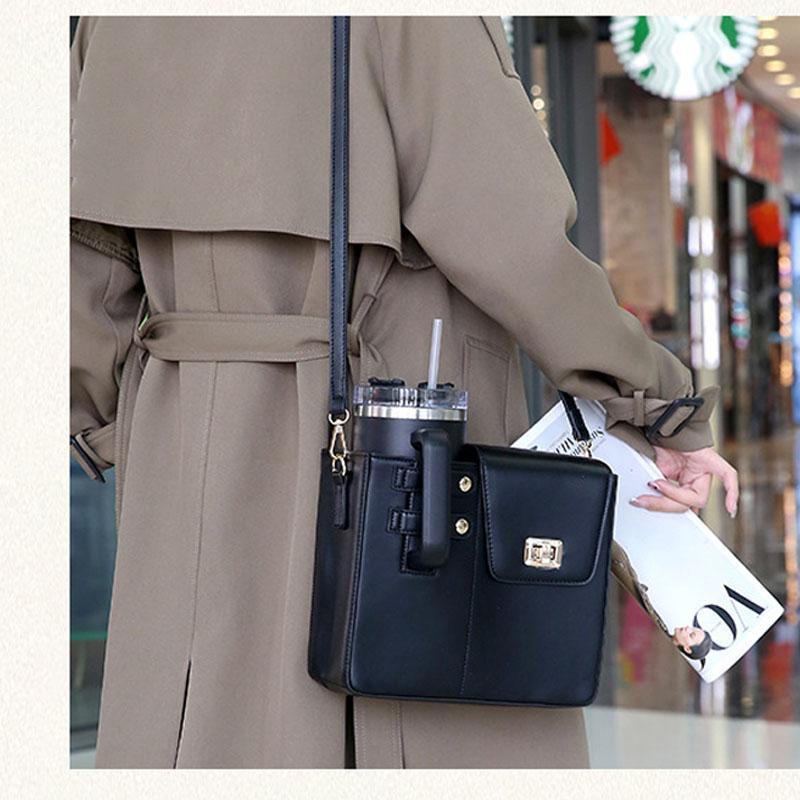 Leather Shoulder Bag For Water Bottles Fits Most Brands - Black 8