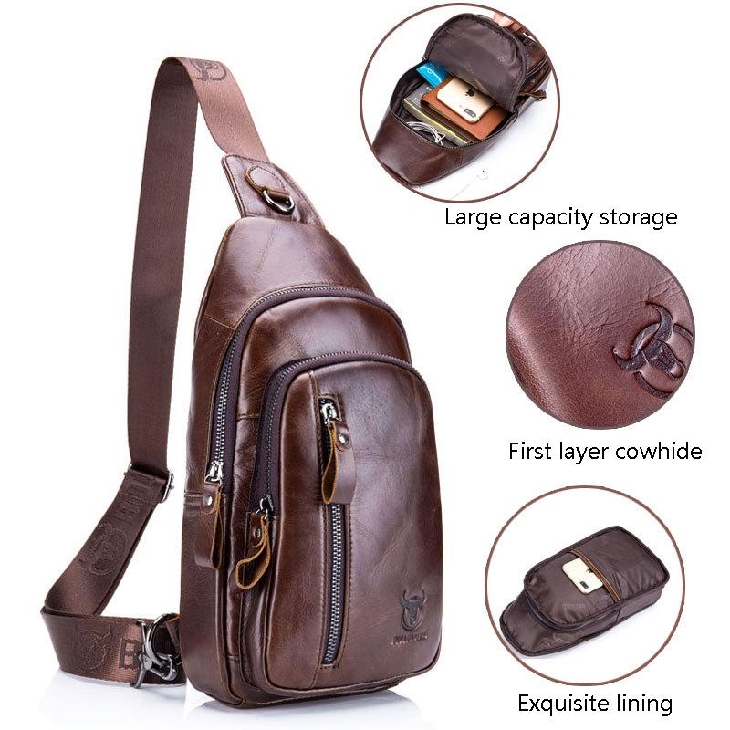 Men Leather Crossbody Chest Bag Multi Function - Brown 7