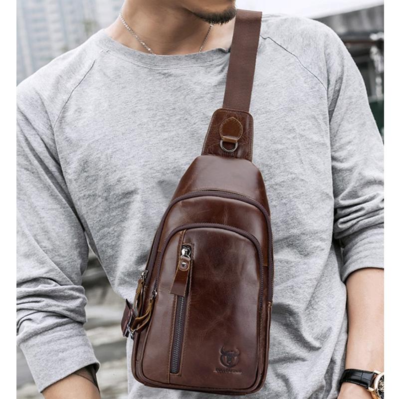 Men Leather Crossbody Chest Bag Multi Function - Brown 8