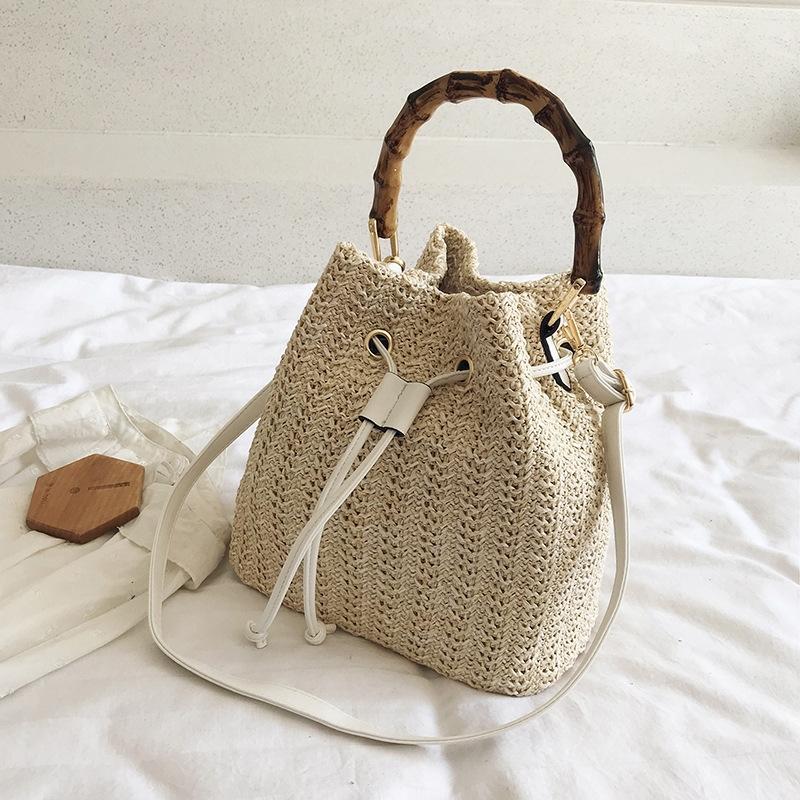 Handwoven Bamboo Bucket Bag - Shoulder / Messenger Style - Khaki
