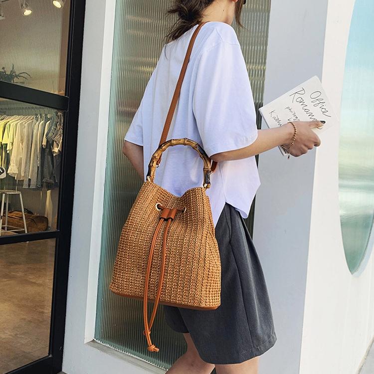 Handwoven Bamboo Bucket Bag - Shoulder / Messenger Style - Khaki 7