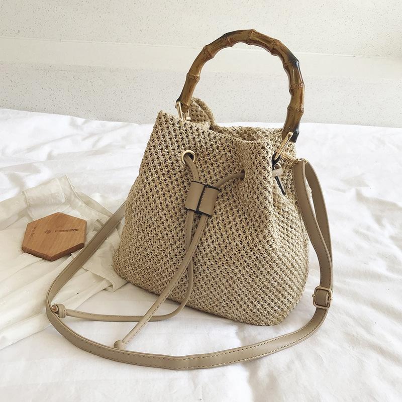 Handwoven Bamboo Bucket Bag - Shoulder / Messenger Style - Khaki 9