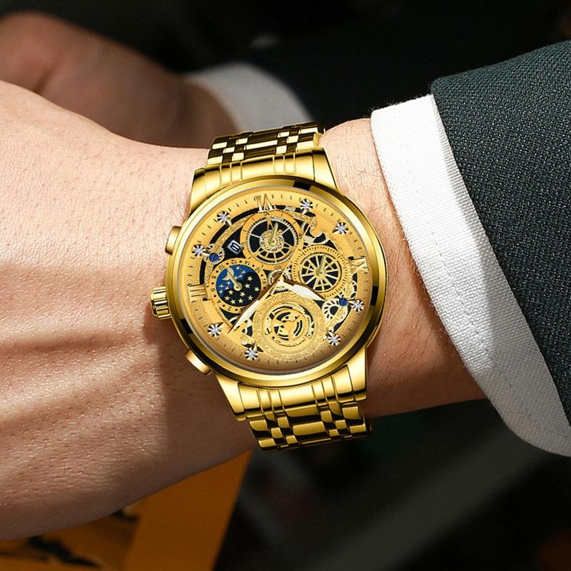 Waterproof Luminous Quartz Watch with Multifunctional Design - Full Gold Black Surface 8