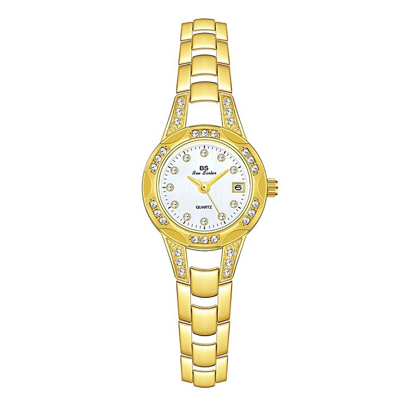 Women Diamond Chain Watch with Calendar - Small Round Design - Gold