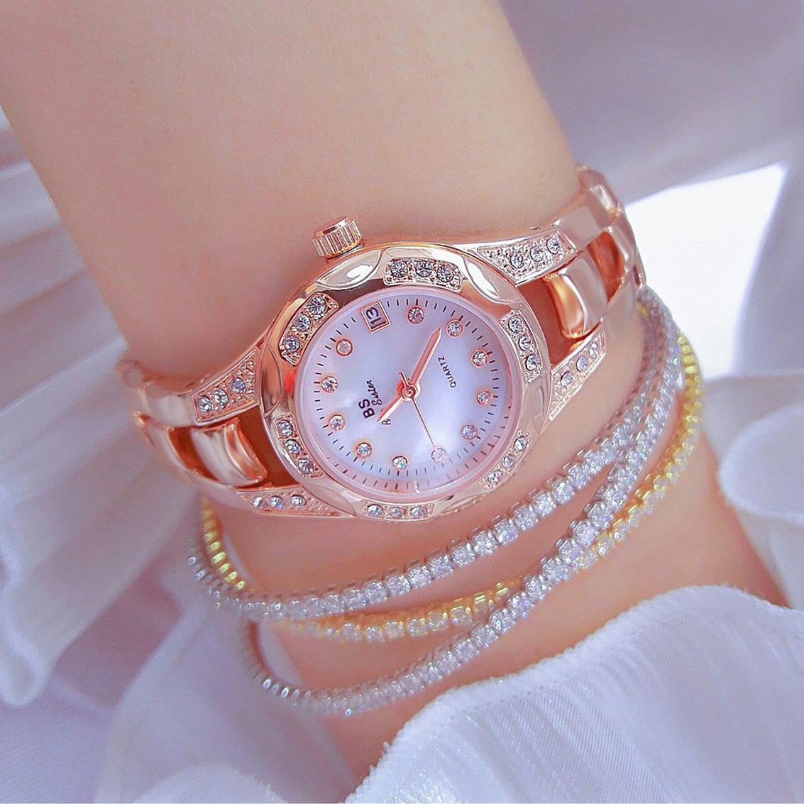 Women Diamond Chain Watch with Calendar - Small Round Design - Gold 3
