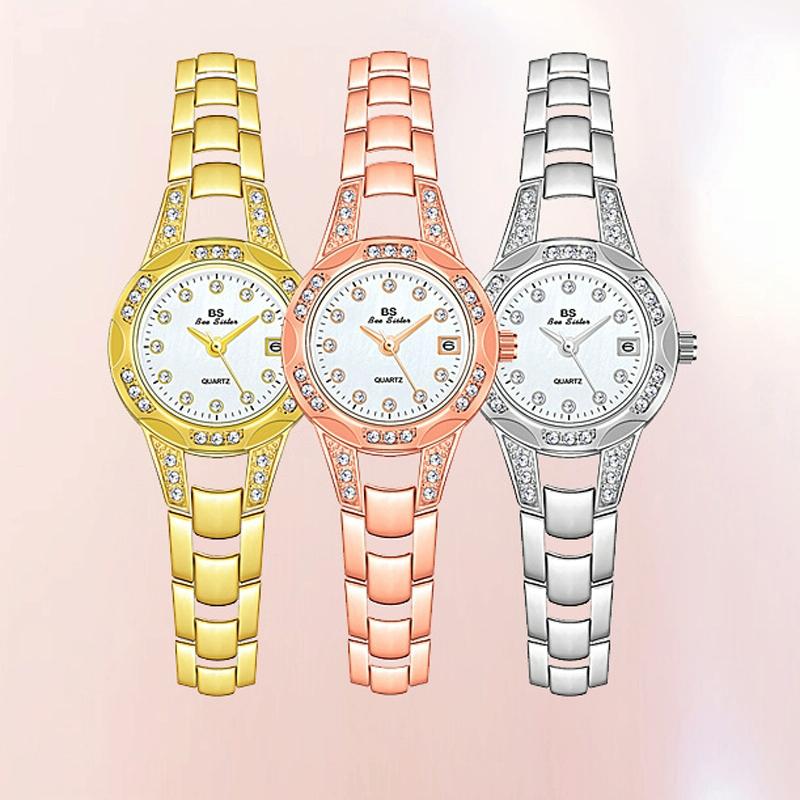 Women Diamond Chain Watch with Calendar - Small Round Design - Gold 4
