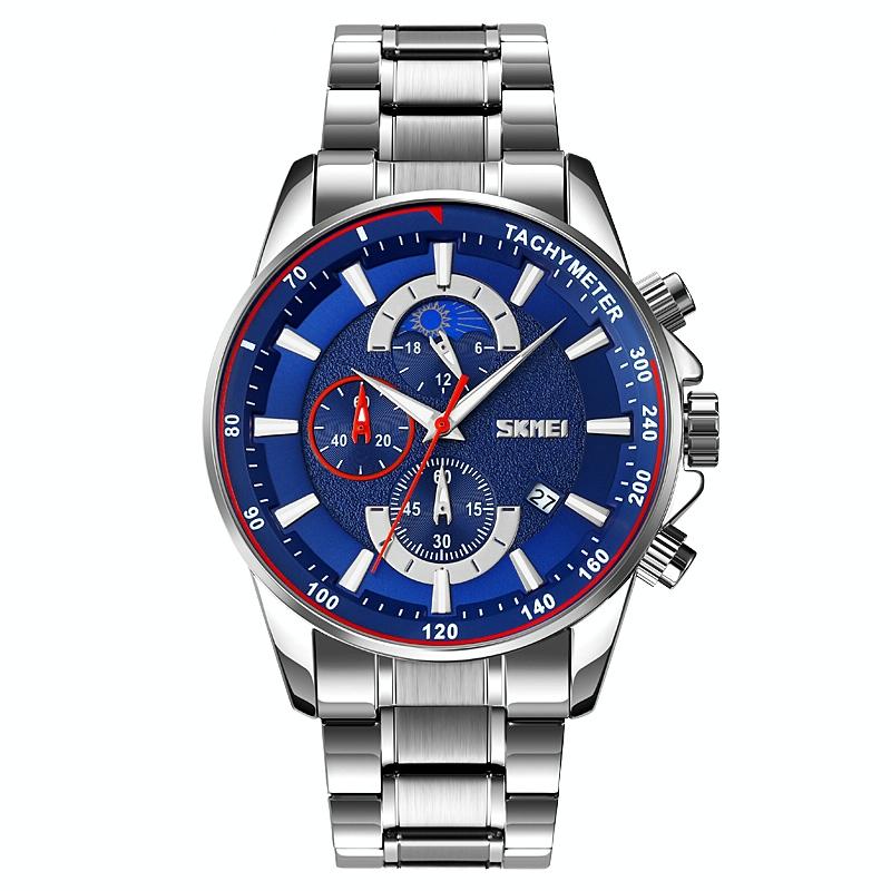 Stainless Steel Men Moonphase Watch with Date - Silver Blue