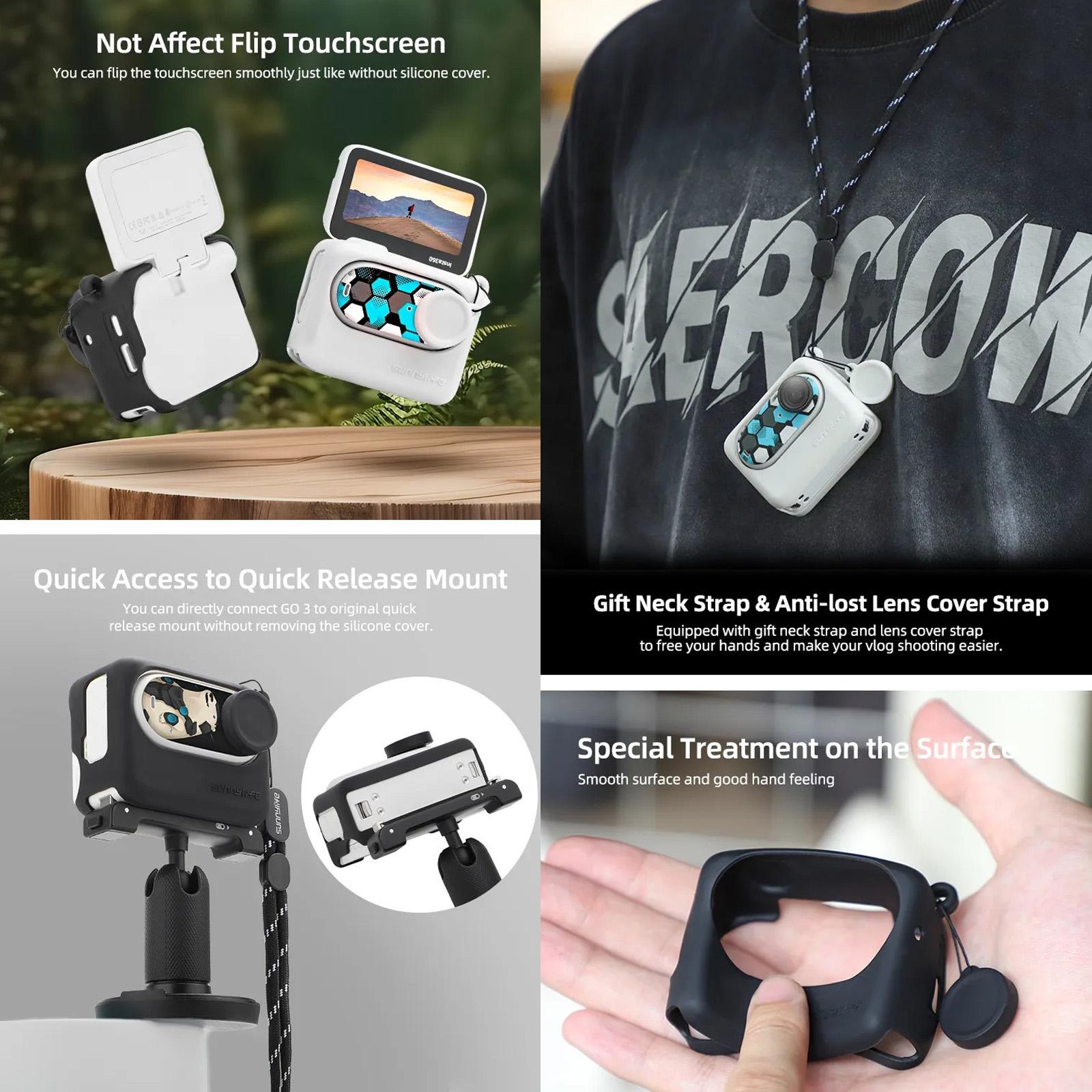 Silicone Case for Insta360 Go 3 with Neck Strap and Skin Wrap - Black 7