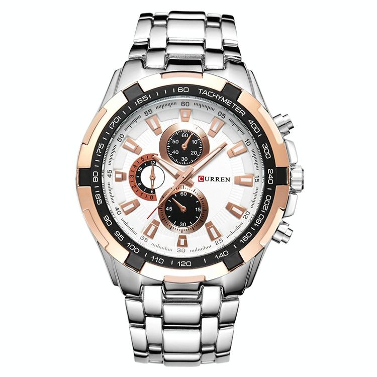 Stainless Steel Men Analog Sport Watch - 8023 - Silver Case Gold Face