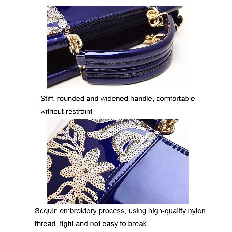 Shiny Leather Handbag with Single-sided Embroidery - Blue 7
