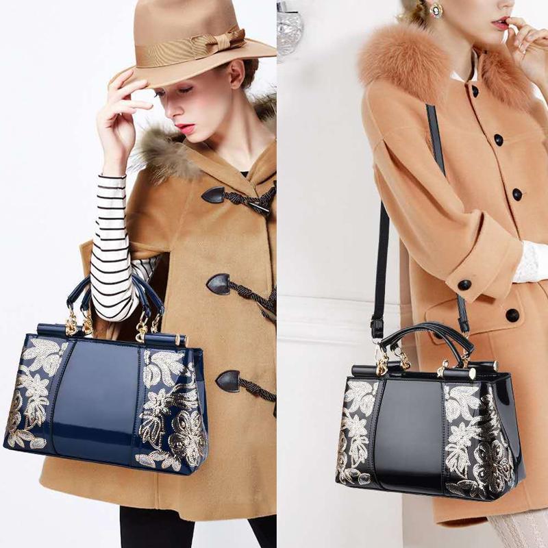 Shiny Leather Handbag with Single-sided Embroidery - Blue 8
