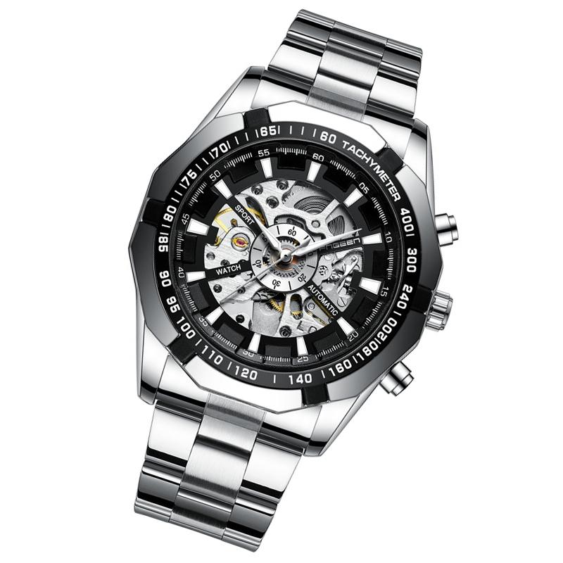 Stylish Men Automatic Mechanical Watch with Steel Band - Black 3