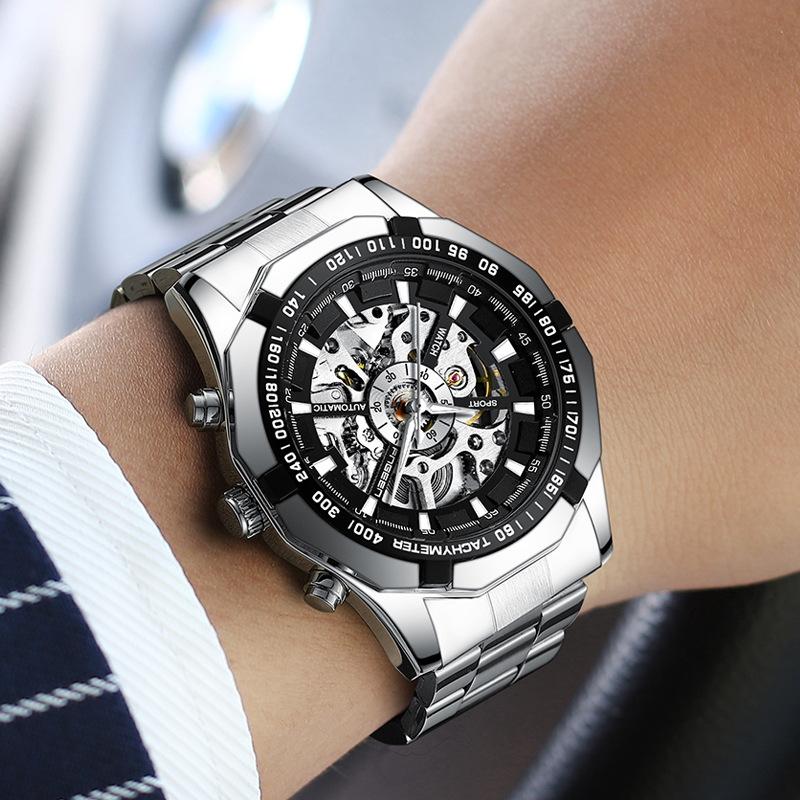 Stylish Men Automatic Mechanical Watch with Steel Band - Black 7