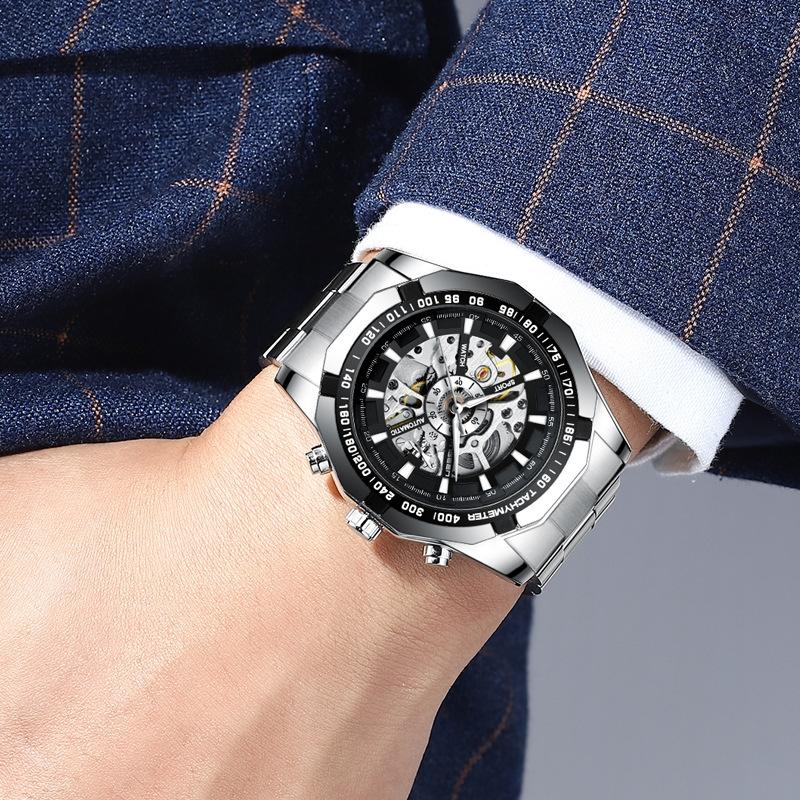 Stylish Men Automatic Mechanical Watch with Steel Band - Black 8