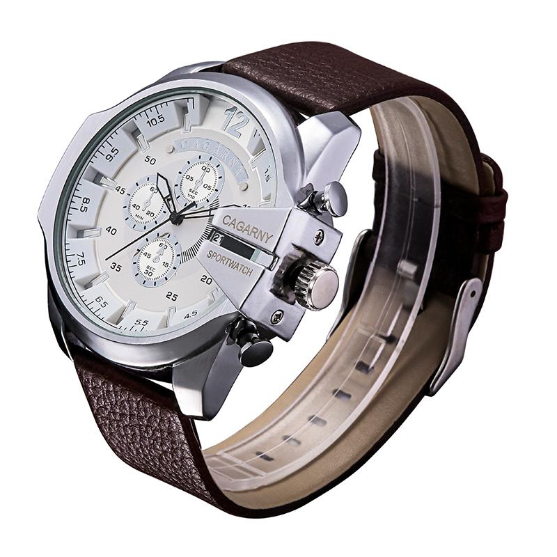 Men Leather Band Sports Watch with Large Dial - Silver Blue Brown 3
