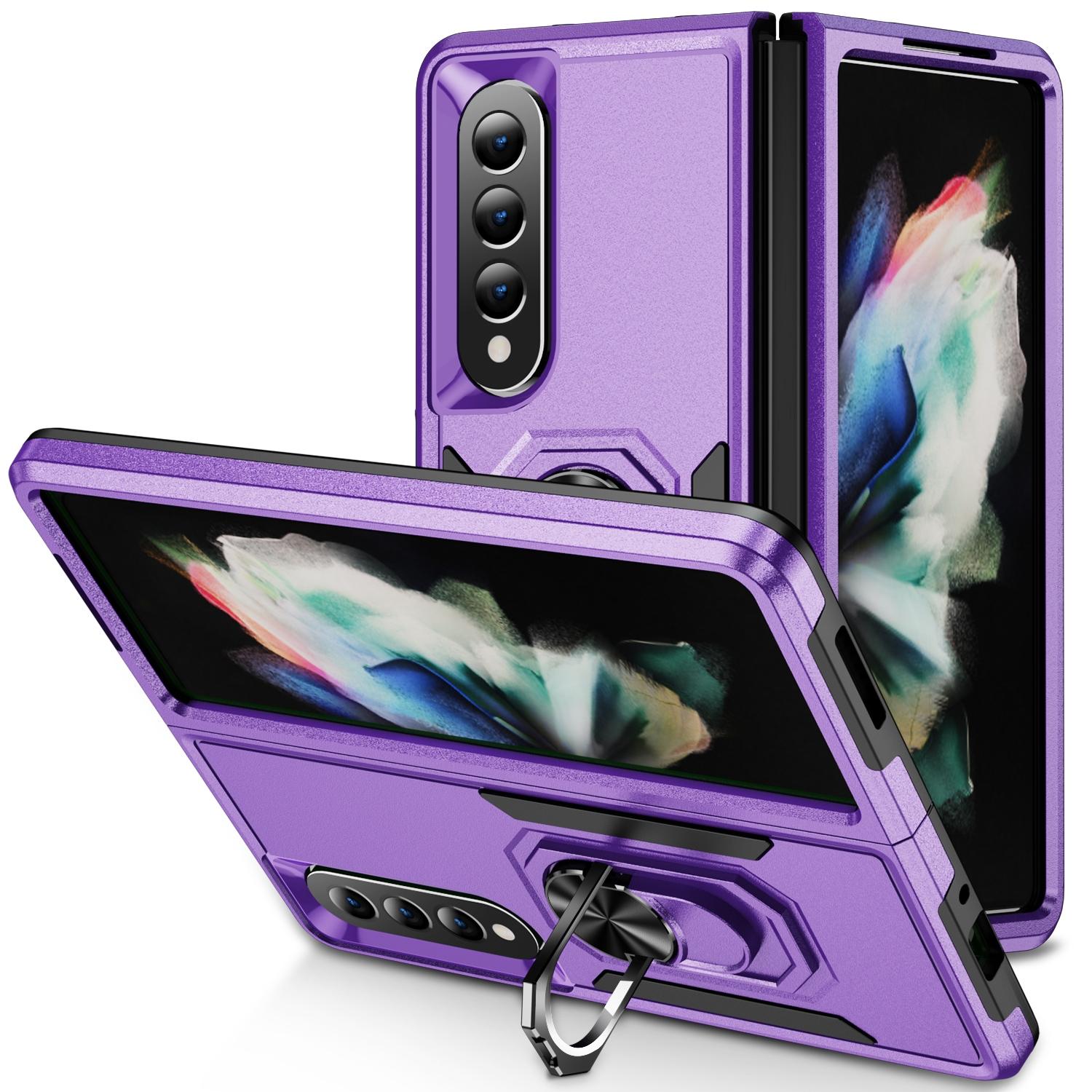 For Samsung Galaxy Z Fold4 5G Shockproof Case With Holder - Pc Tpu - Pink + Rose Red 12
