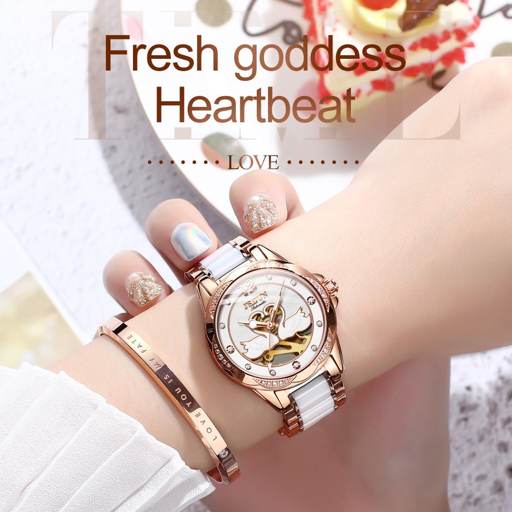Stylish Waterproof Ceramic Mechanical Watch for Women with Diamond Accents - Black 9
