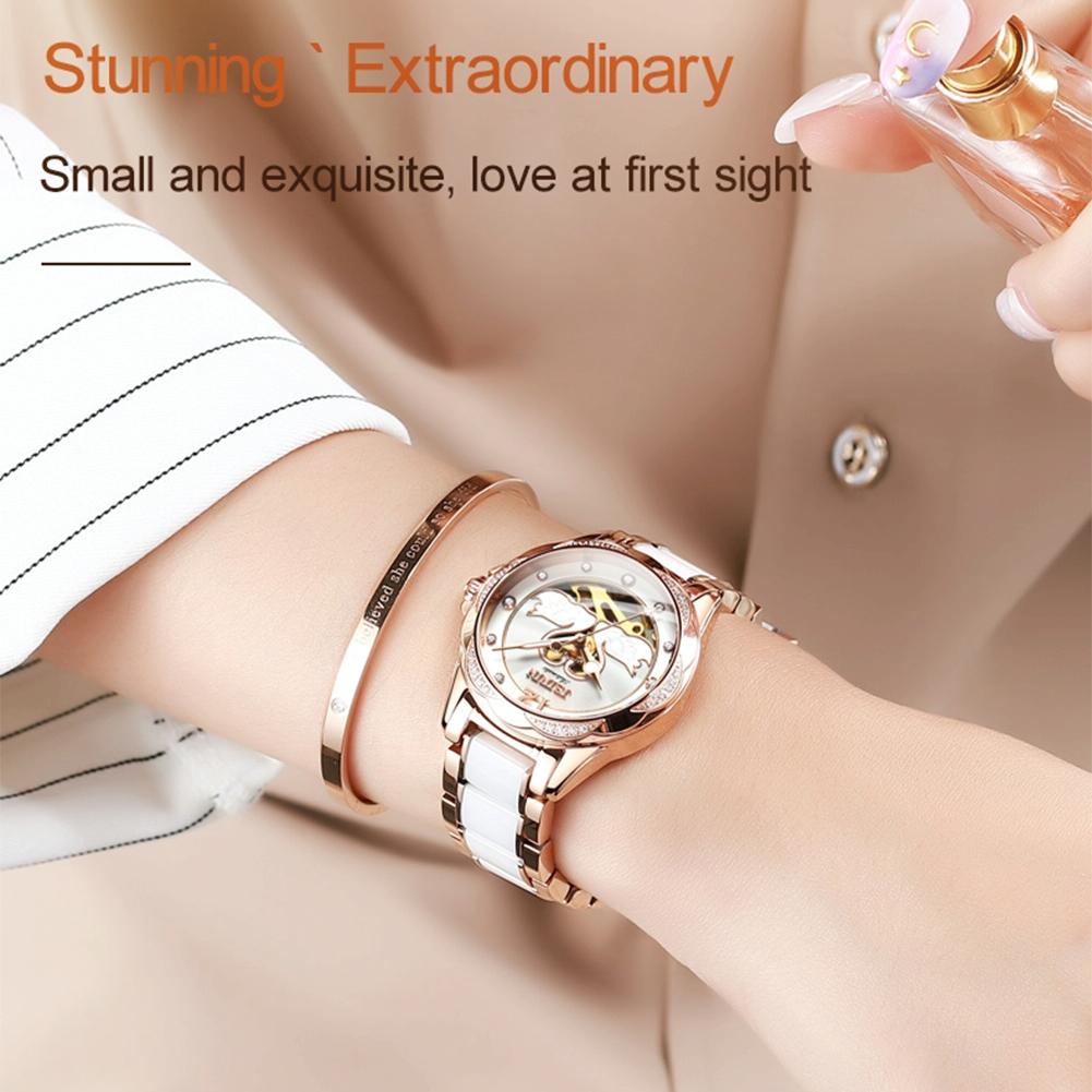 Stylish Waterproof Ceramic Mechanical Watch for Women with Diamond Accents - Black 12
