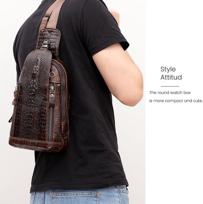 Men Cowhide Crocodile Texture Crossbody Chest Bag One Shoulder Design - Crocodile Head 7
