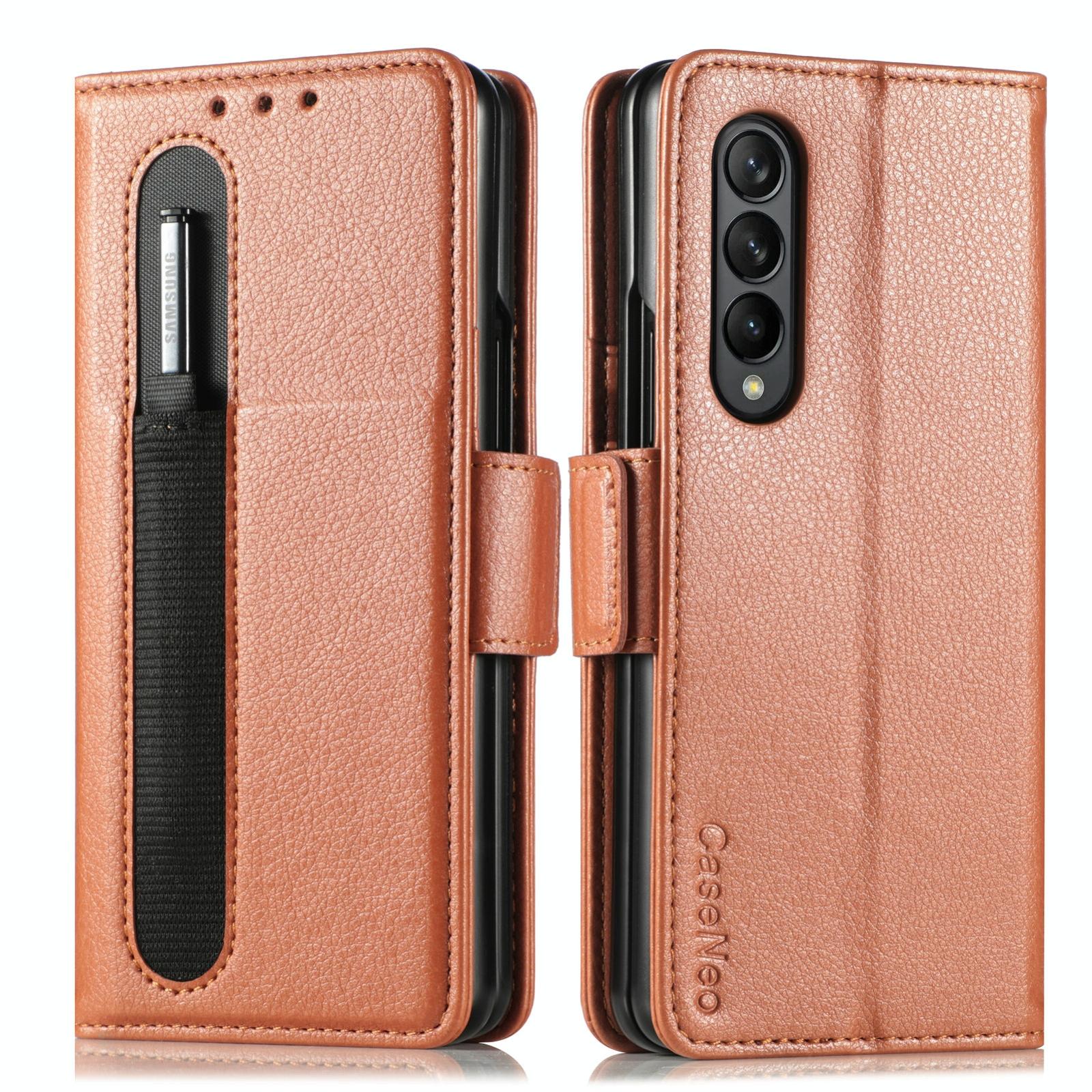 For Samsung Galaxy Z Fold4 5G Litchi Pattern Case With Pen And Card Slots - 4 - Brown 14