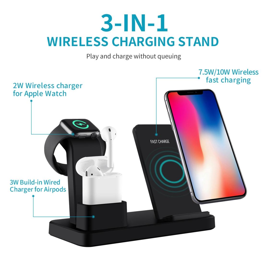 3 In 1 Wireless Charger For Iphone Apple Watch Airpods & Android Black 3