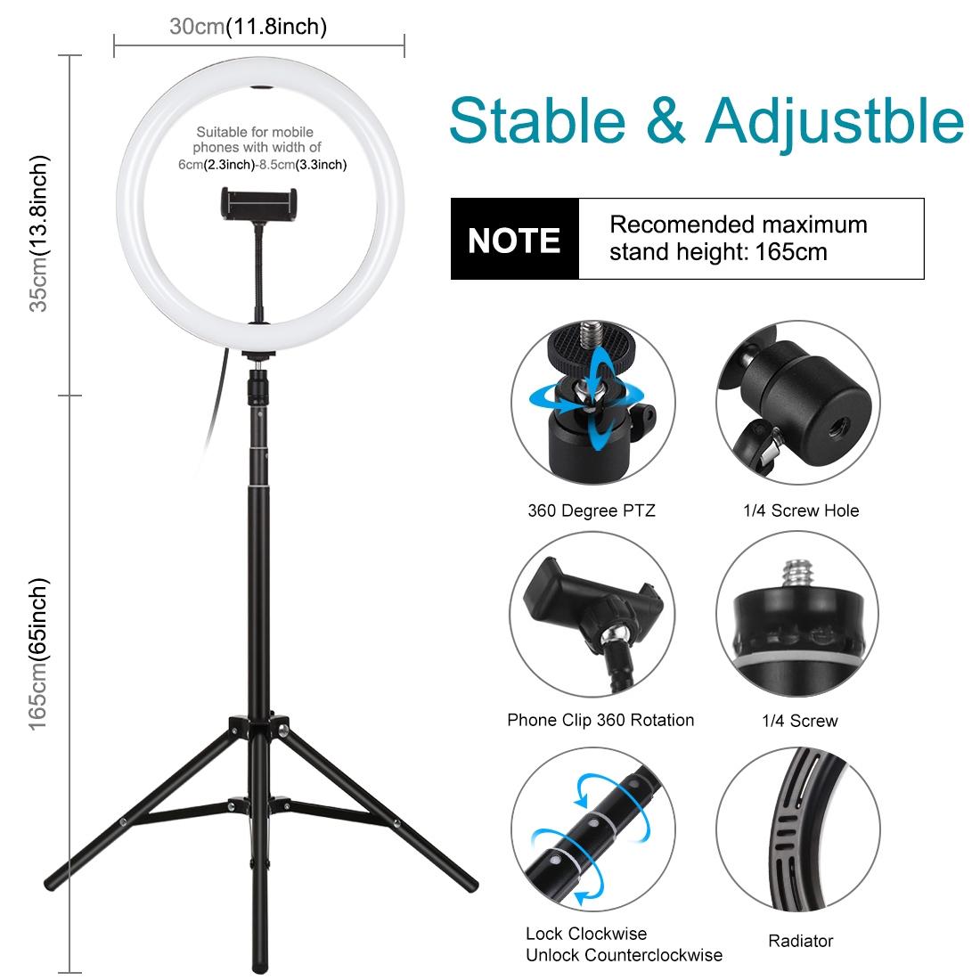 11.8 Led Ring Light with Tripod and Phone Clamp - 3 Modes Dual Colour Temperature Dimmable - Black 6