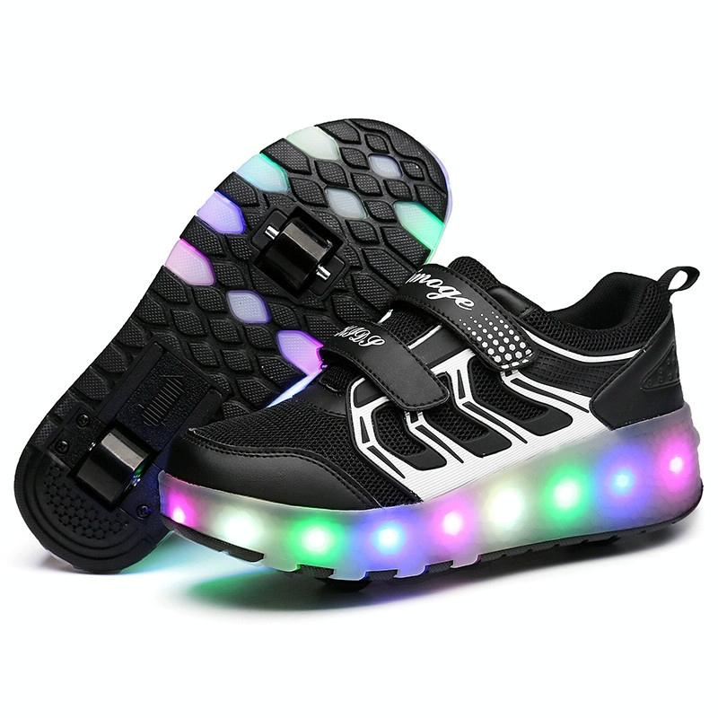 Rechargeable Double Wheel Roller Skating Shoes - Ultra Light Mesh Size 29 - Black
