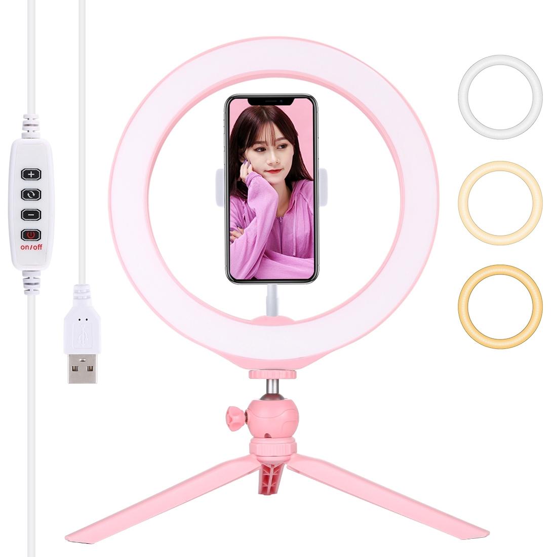 10.2 Selfie Beauty Light with Tripod Mount and Usb 3 Modes Dimmable Led Ring for Vlogging and Photography Cold Shoe Ball Head and Phone Clamp - Black