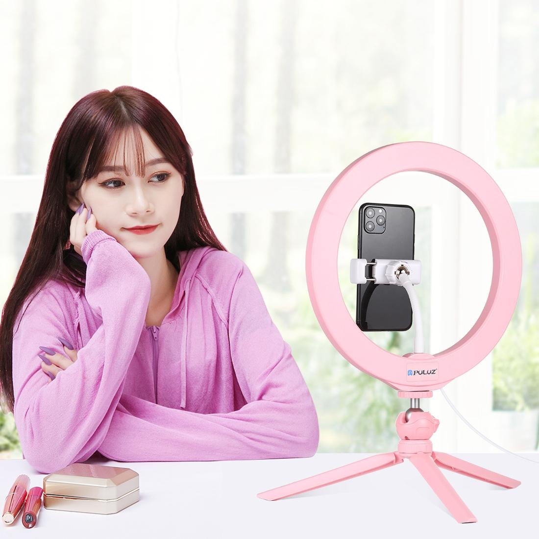 10.2 Selfie Beauty Light with Tripod Mount and Usb 3 Modes Dimmable Led Ring for Vlogging and Photography Cold Shoe Ball Head and Phone Clamp - Black 11