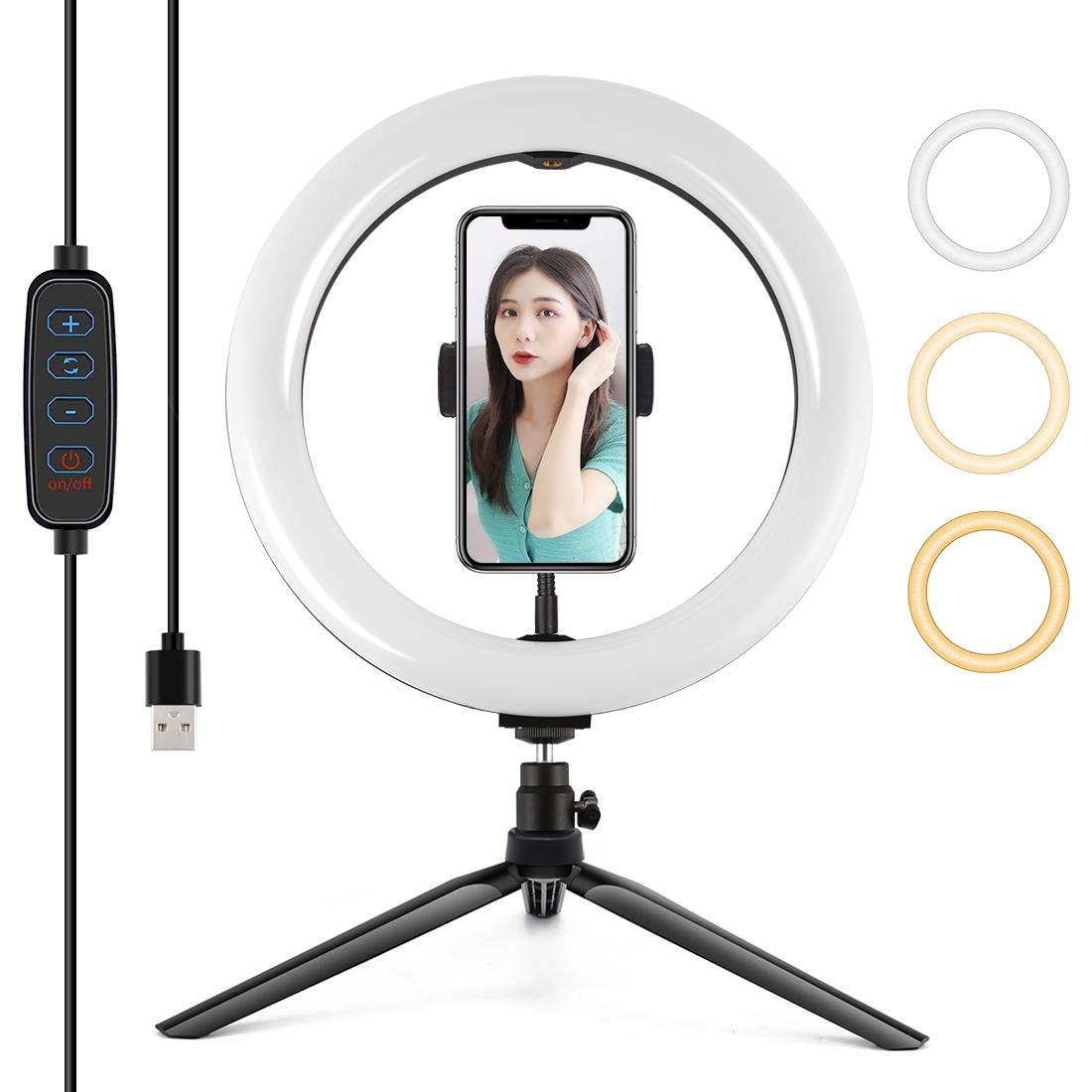 10.2 Selfie Beauty Light with Tripod Mount and Usb 3 Modes Dimmable Led Ring for Vlogging and Photography Cold Shoe Ball Head and Phone Clamp - Black 12