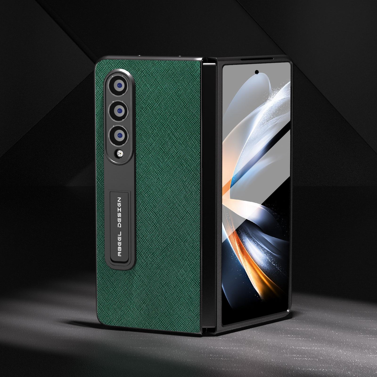 For Samsung Galaxy Z Fold4 5G Cross Texture Leather Phone Case With Holder - Green 13