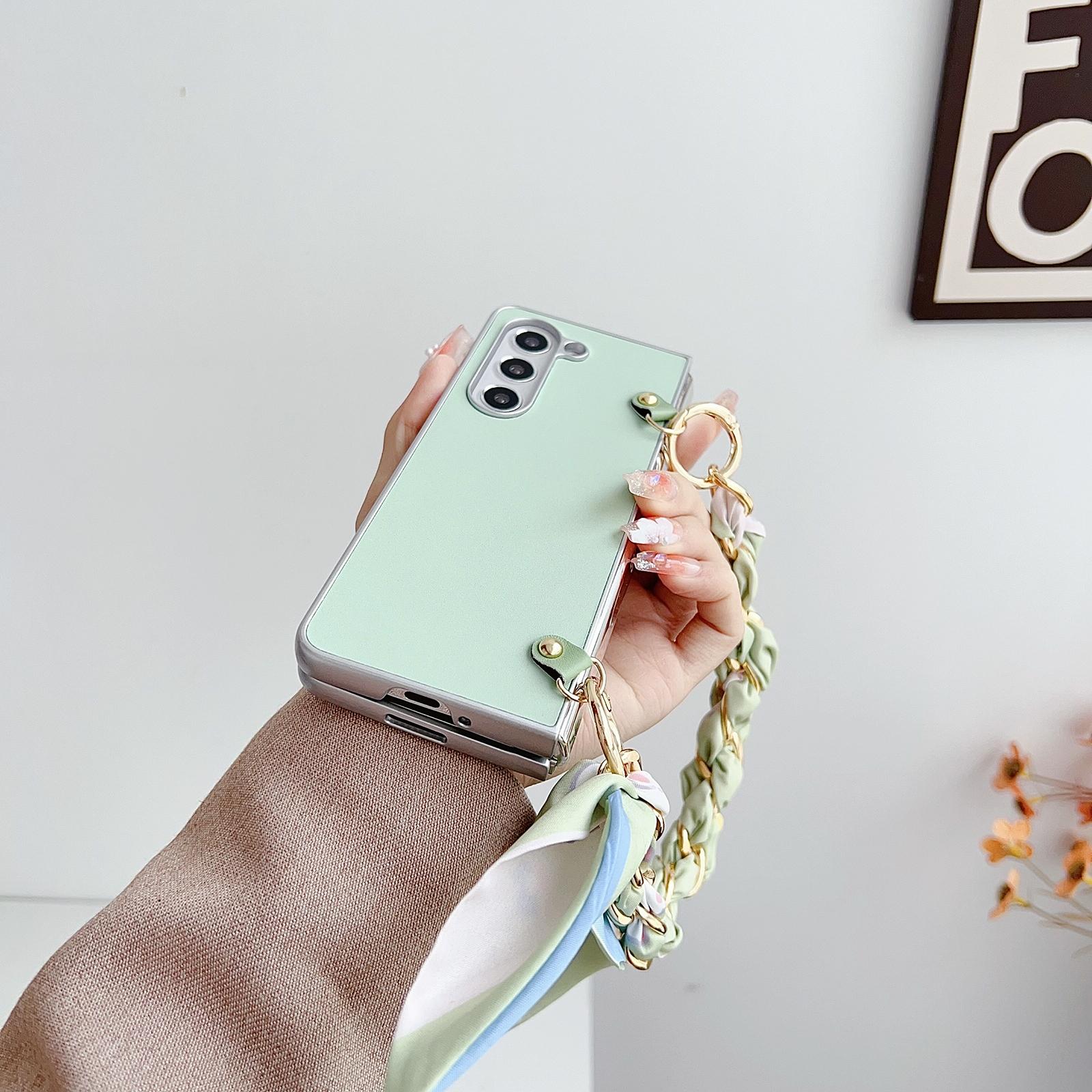 For Samsung Galaxy Z Fold4 5G Leather Phone Case With Metallic Paint And Scarf Bracelet - White 5