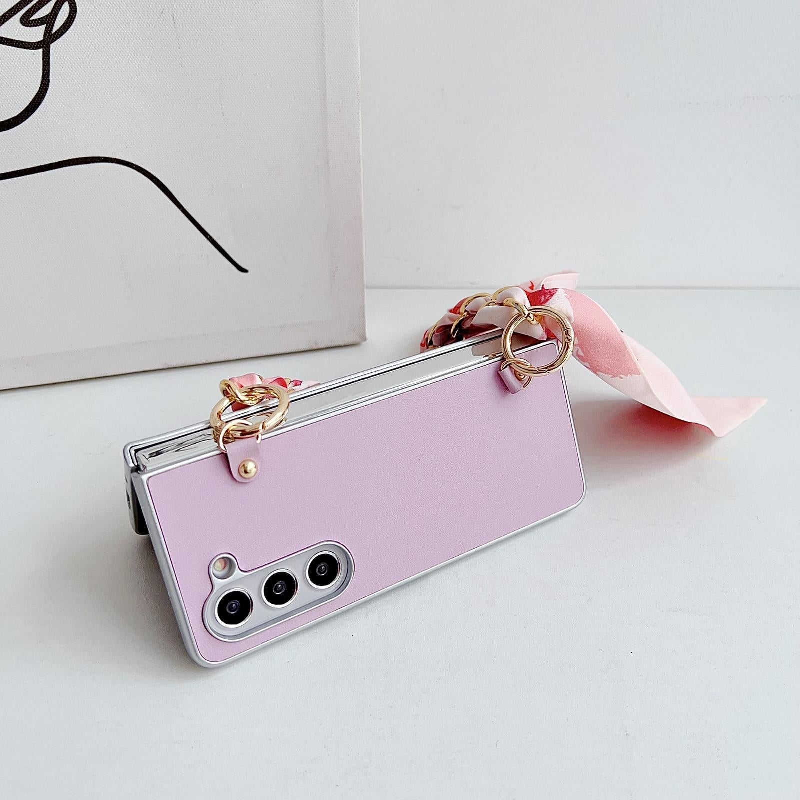 For Samsung Galaxy Z Fold4 5G Leather Phone Case With Metallic Paint And Scarf Bracelet - White 13