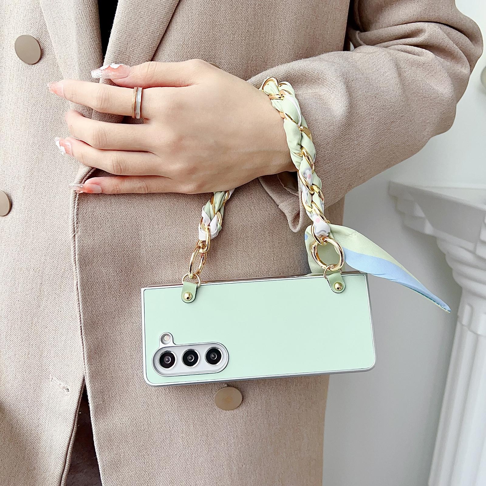 For Samsung Galaxy Z Fold4 5G Leather Phone Case With Metallic Paint And Scarf Bracelet - White 15