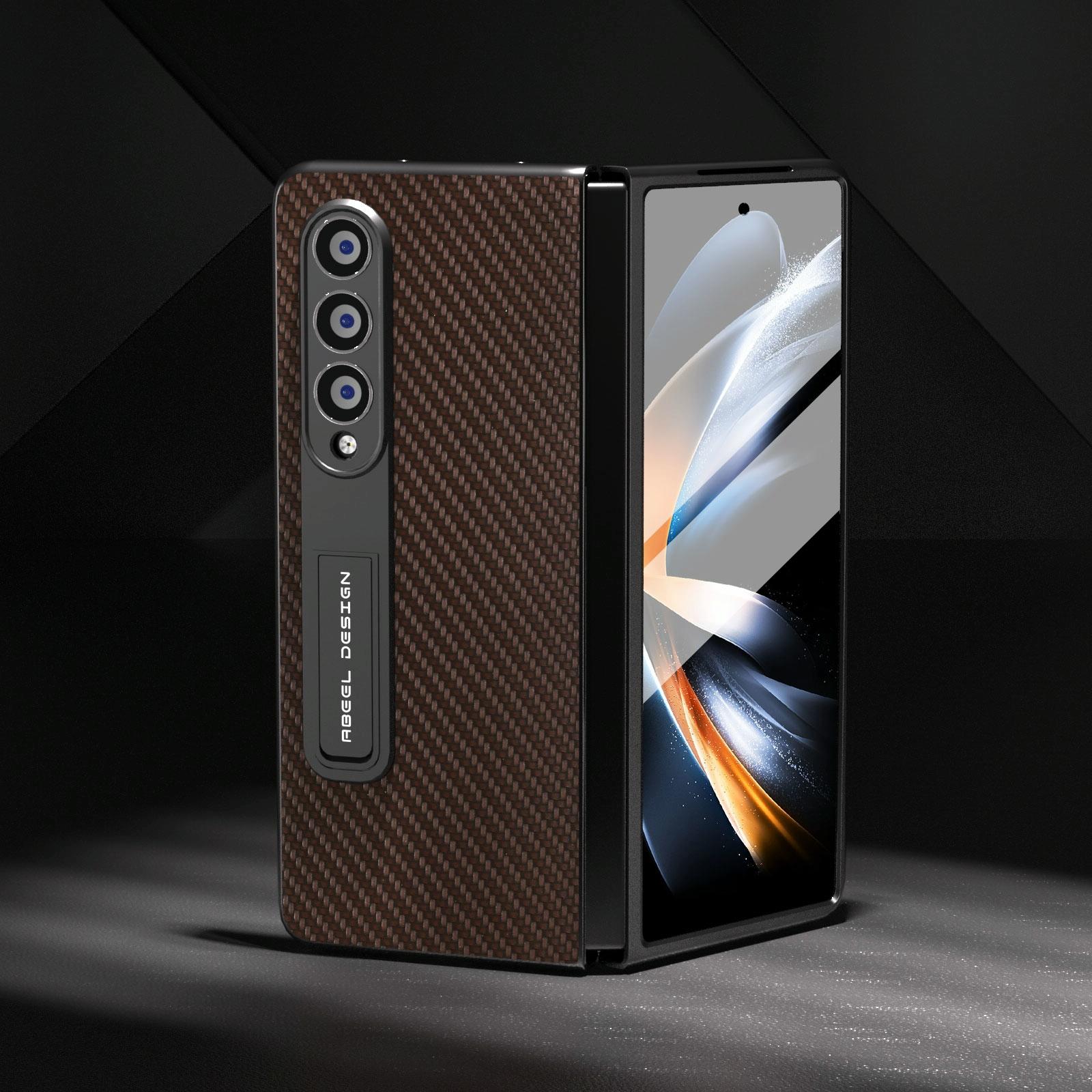 For Samsung Galaxy Z Fold4 5G Carbon Fiber Phone Case With Holder - Dark Brown 13